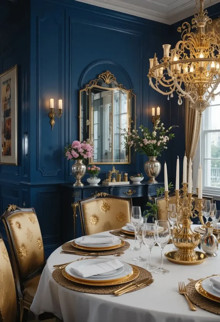 Blue dining room with metallic accents for a luxurious and balanced look