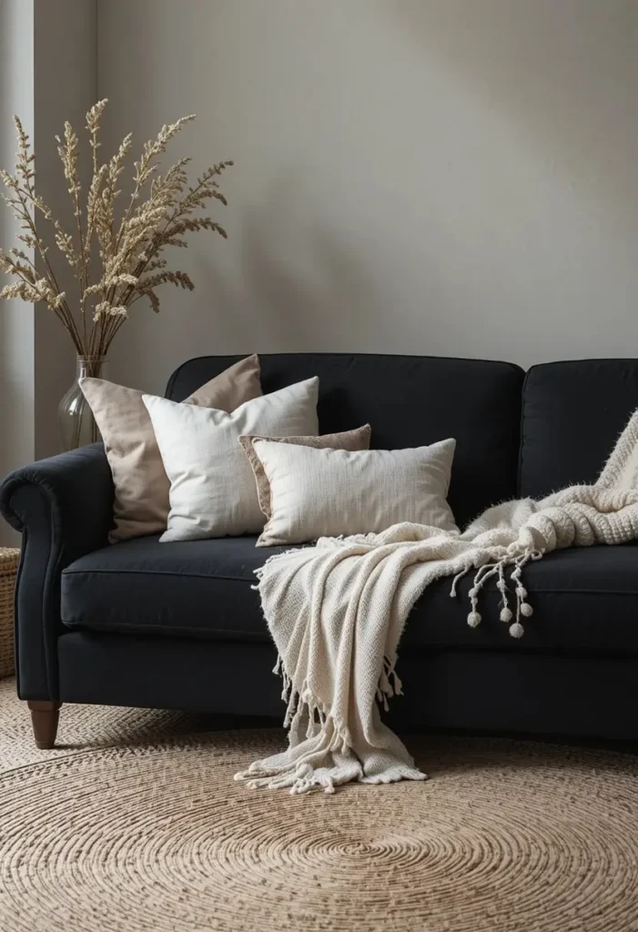 Black furniture with layered soft textures in living room