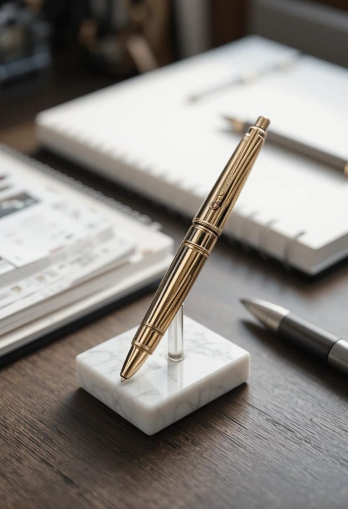 Brushed brass fountain pen resting in a small white marble pen holder on a cubicle desk