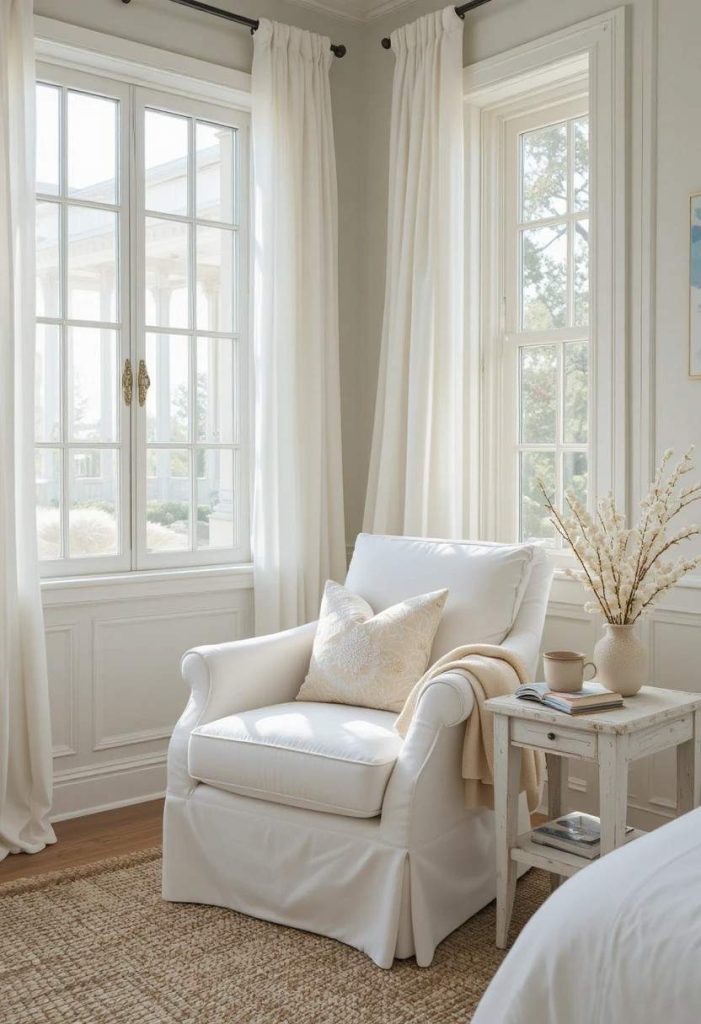 White slipcovered armchair beside a window with sheer curtains in a coastal bedroom reading corner.