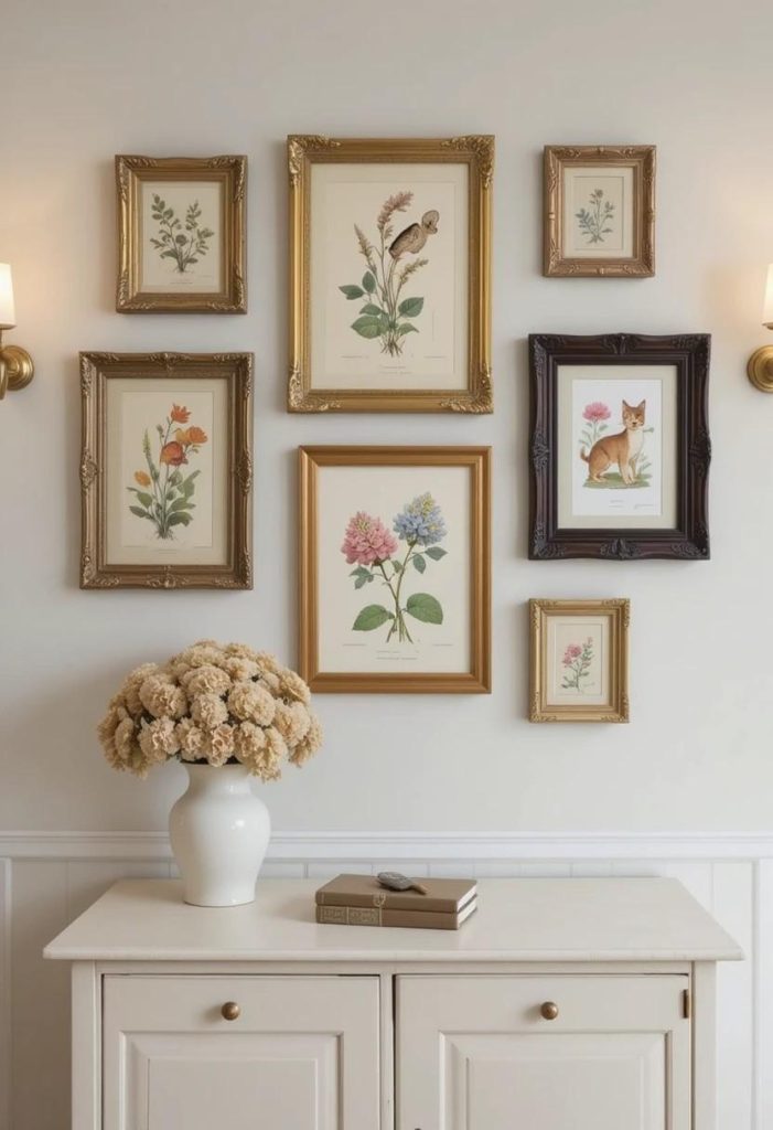 Whimsical gallery wall of vintage botanical and woodland animal prints in mismatched frames above a console.
