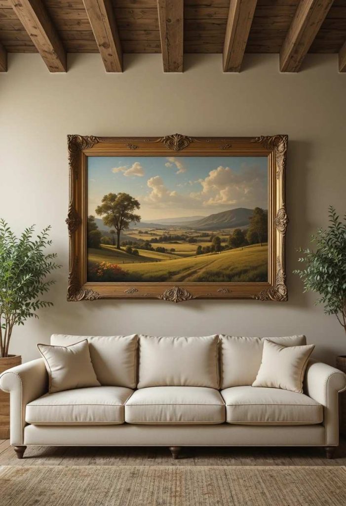 Oversized pastoral landscape painting in an aged gold frame hanging above a cream linen sofa in a Tuscan living room.