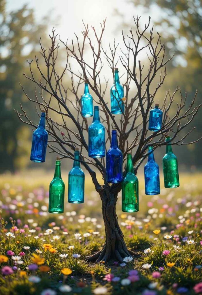 If you don't have a bare tree, weld or buy a simple metal bottle-tree frame and place it as a focal sculpture.