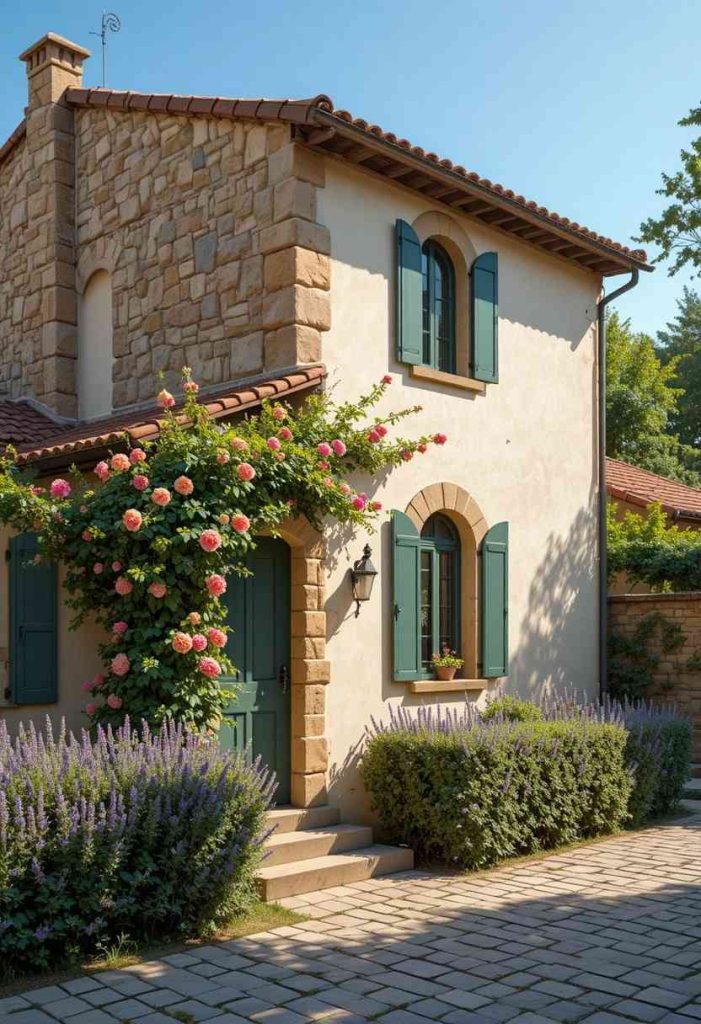 Small Tuscan cottage with one limestone gable end, cream stucco walls, terracotta roof, green shutters, climbing roses, and lavender hedge.