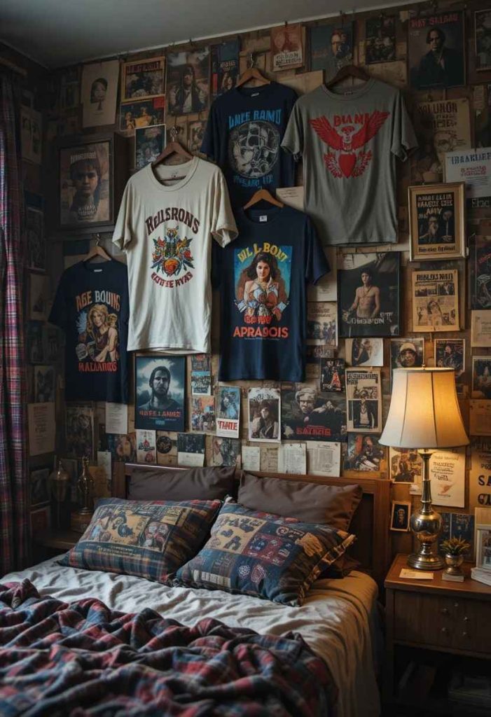 Grunge wall mixing pinned vintage band tees and flannel fabric with paper posters
