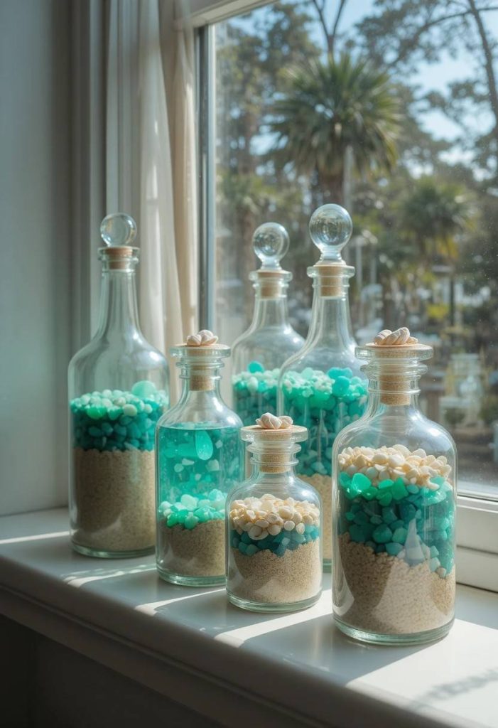 Glass jars and bottles filled with layered sand, sea glass, and shells on a sunny windowsill