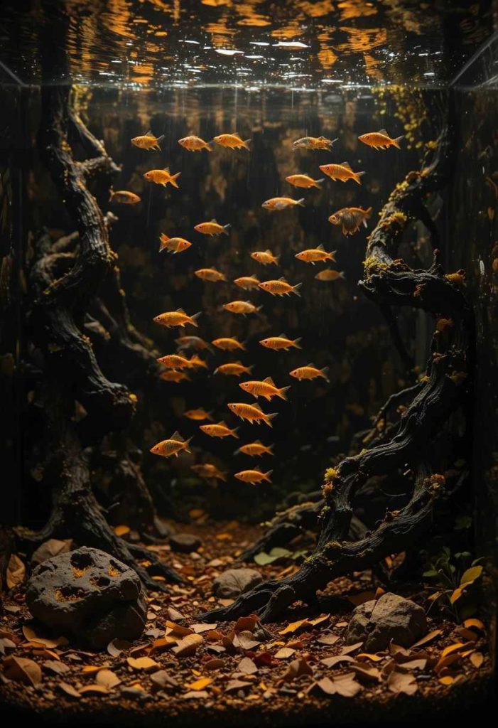 Small Amazon biotope aquarium with tea colored water, leaf litter, driftwood, and ember tetras