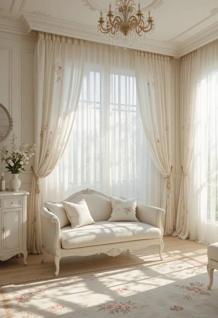 White sheer curtains with botanical embroidery casting floral shadow patterns on the floor in a romantic living room