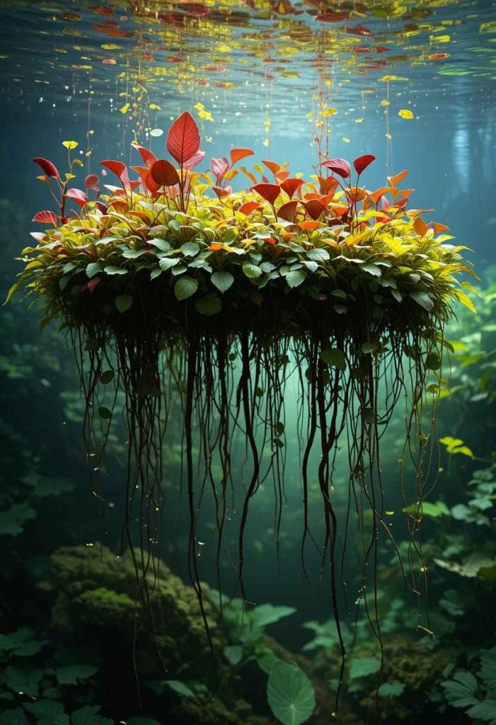 Aquarium covered in floating red root floaters and frogbit with trailing roots creating dappled light