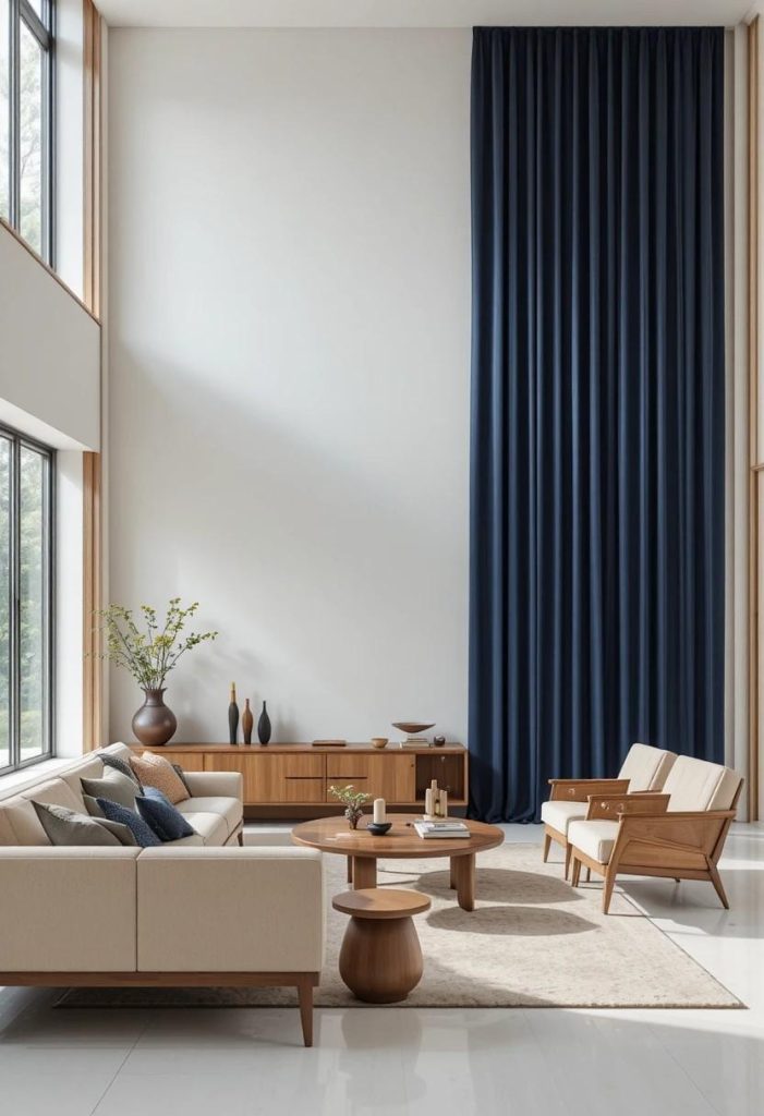 Floor-to-ceiling bold navy and cream vertical striped curtains in a graphic contemporary living room with mid-century furniture