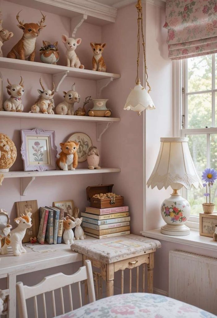 Whimsical kids room accessorised with thrifted vintage finds including ceramic animals, painted frames, and illustrated books on open shelves