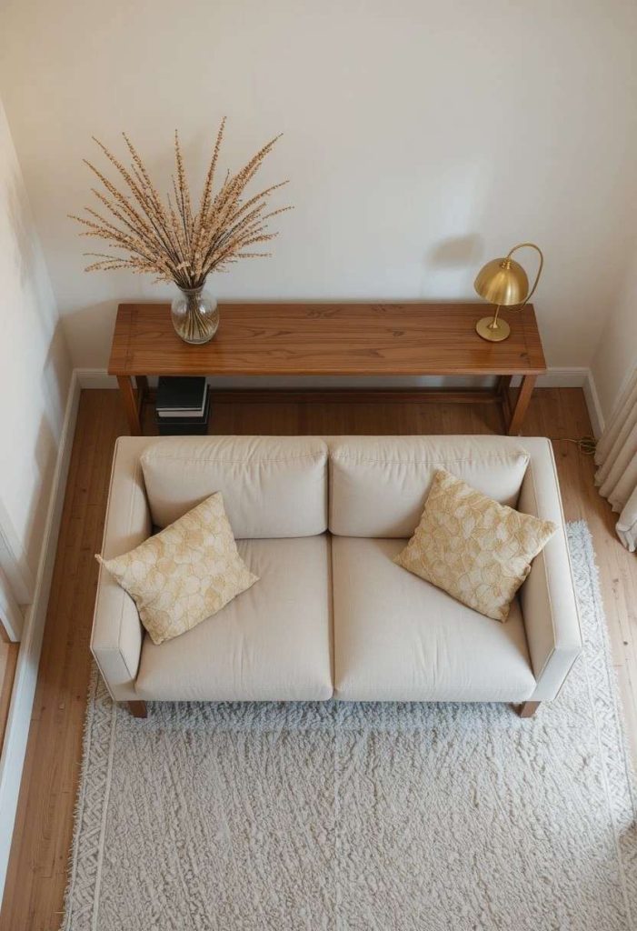 Beige sofa floating away from wall with slim console table behind it in a small modern living room.