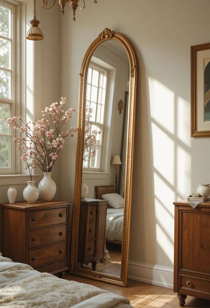 Tall leaning arched gold mirror reflecting light in cozy small college bedroom