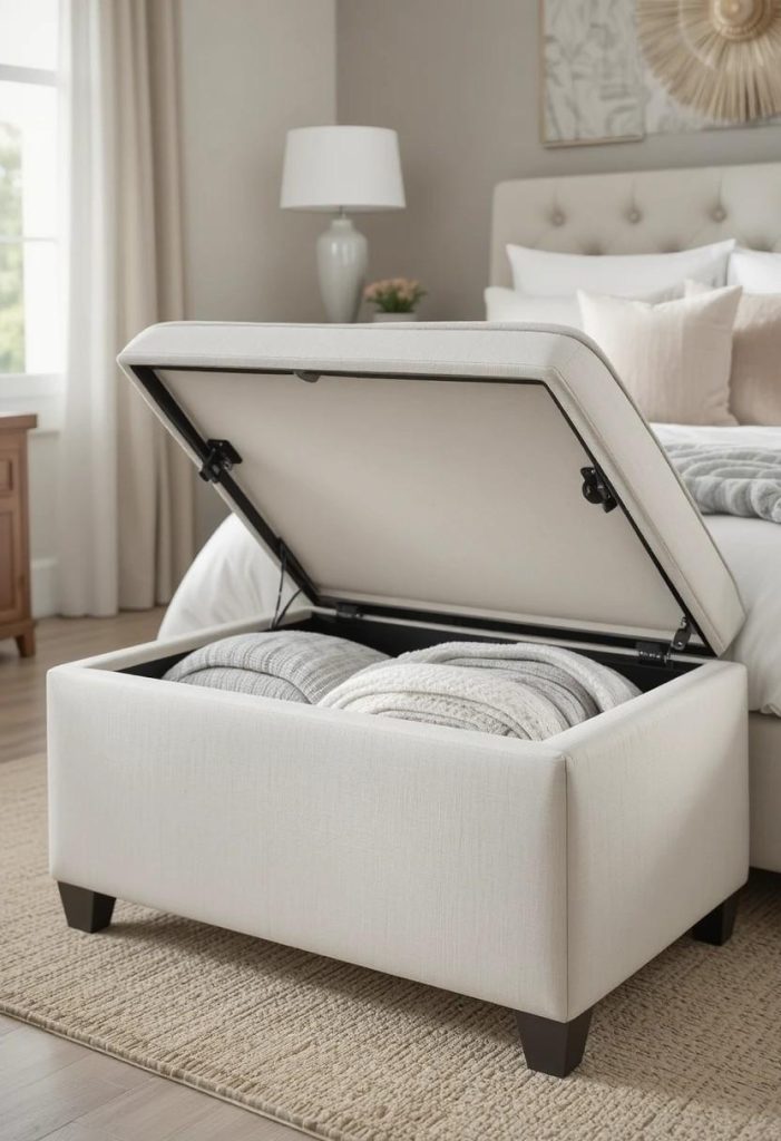 Cream storage ottoman at foot of bed in aesthetic budget college bedroom