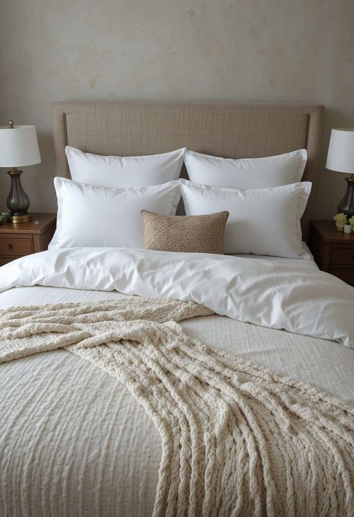 Hotel-style layered bedding on queen bed in college apartment bedroom