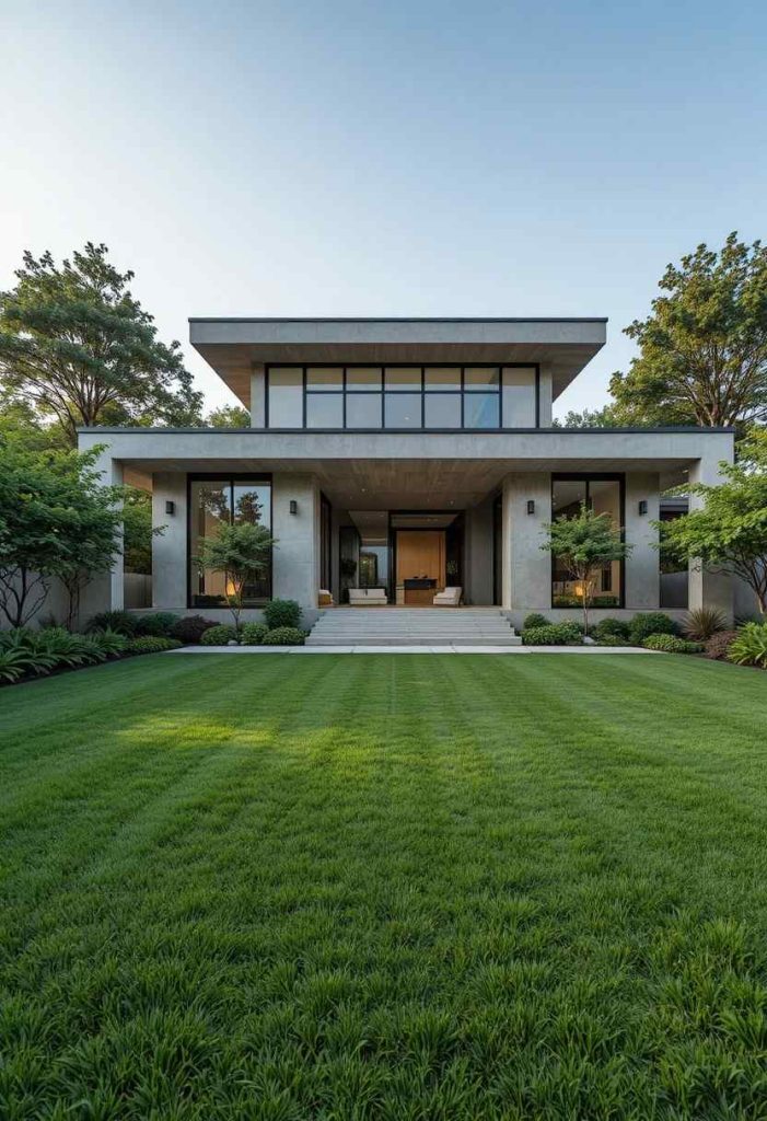 Minimalist front yard with intentional negative space and edge-only plantings