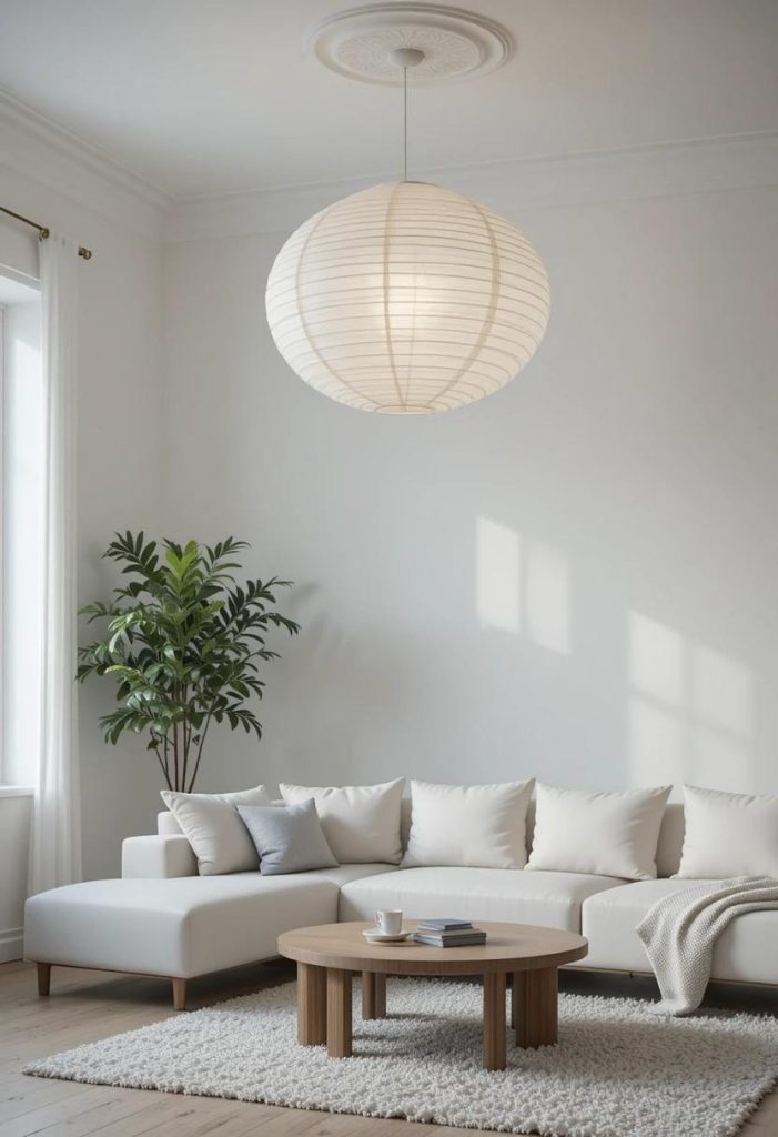 Large round white paper lantern pendant lighting a Scandinavian living room with a soft diffused glow.