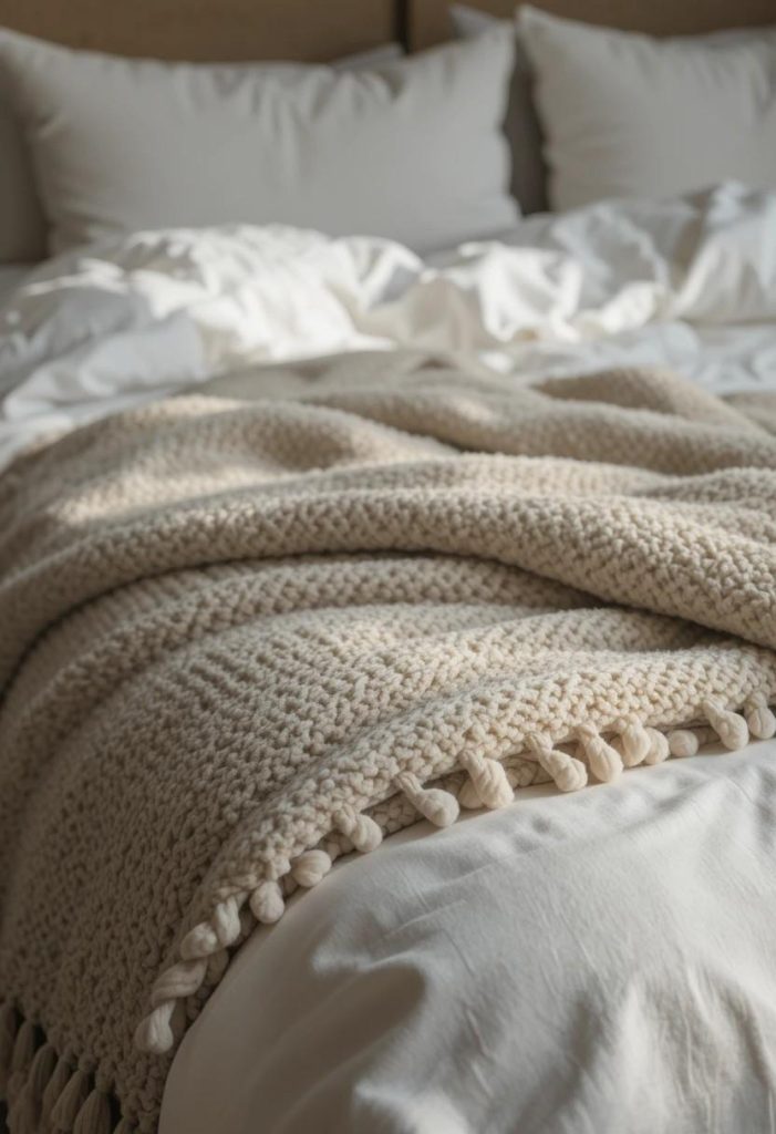 Oatmeal bouclé throw layered over linen bedding on a Japandi bed with soft morning light.