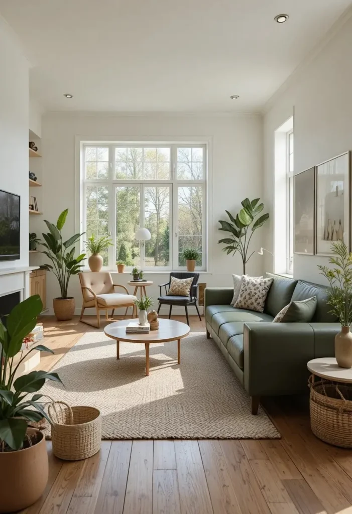 Green leather couch against light-colored walls