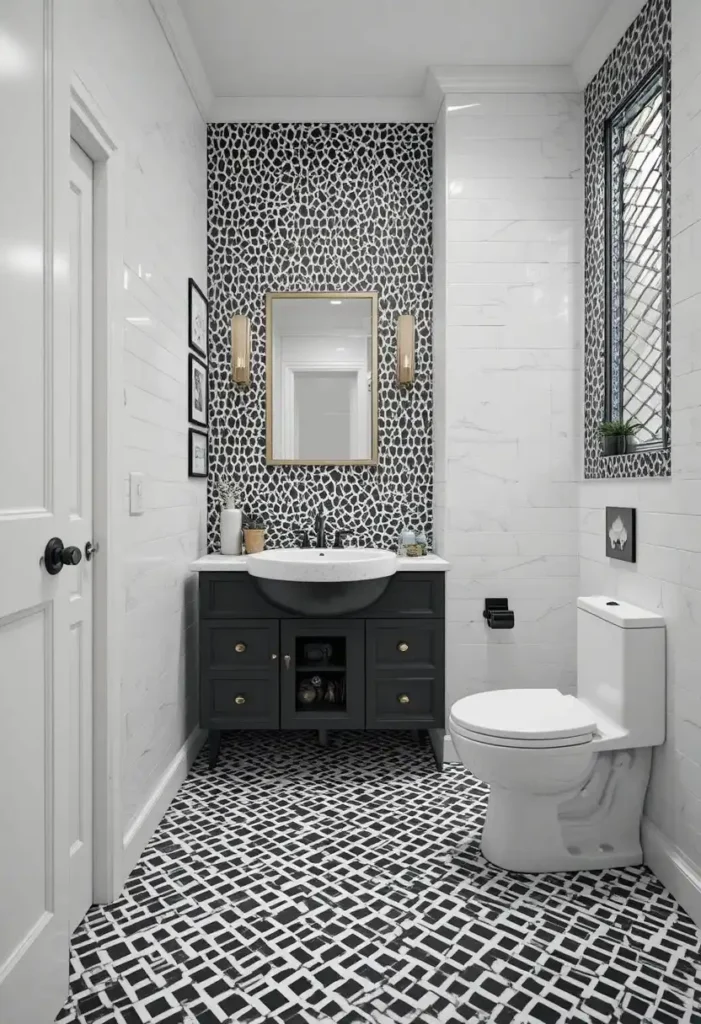 Bathroom with black and white patterned floor tiles