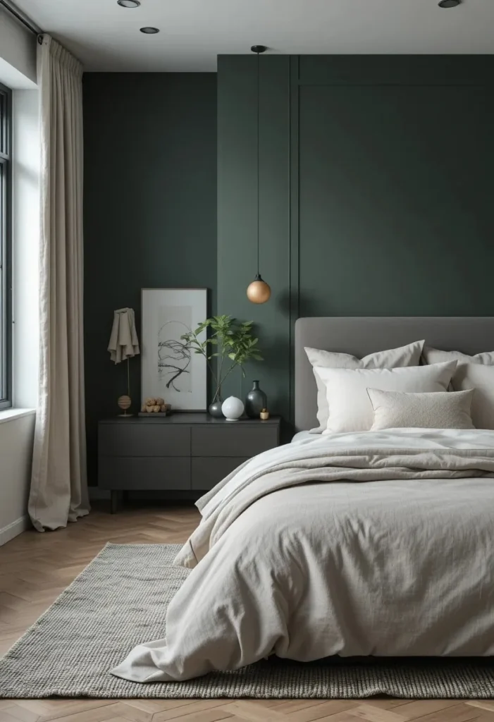 Minimal dark green bedroom with clean lines and simple modern decor