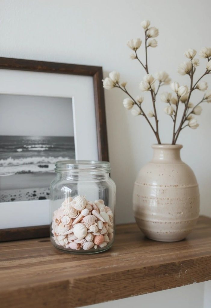 Glass jar of seashells styled beside a framed beach photo and ceramic vase on a coastal bedroom shelf.
