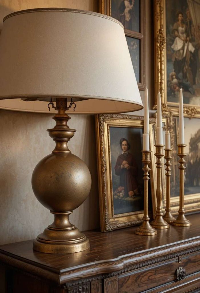 Close-up of unlacquered brass and aged bronze accents including lamp base, picture frames, and candlesticks in a Tuscan living room.