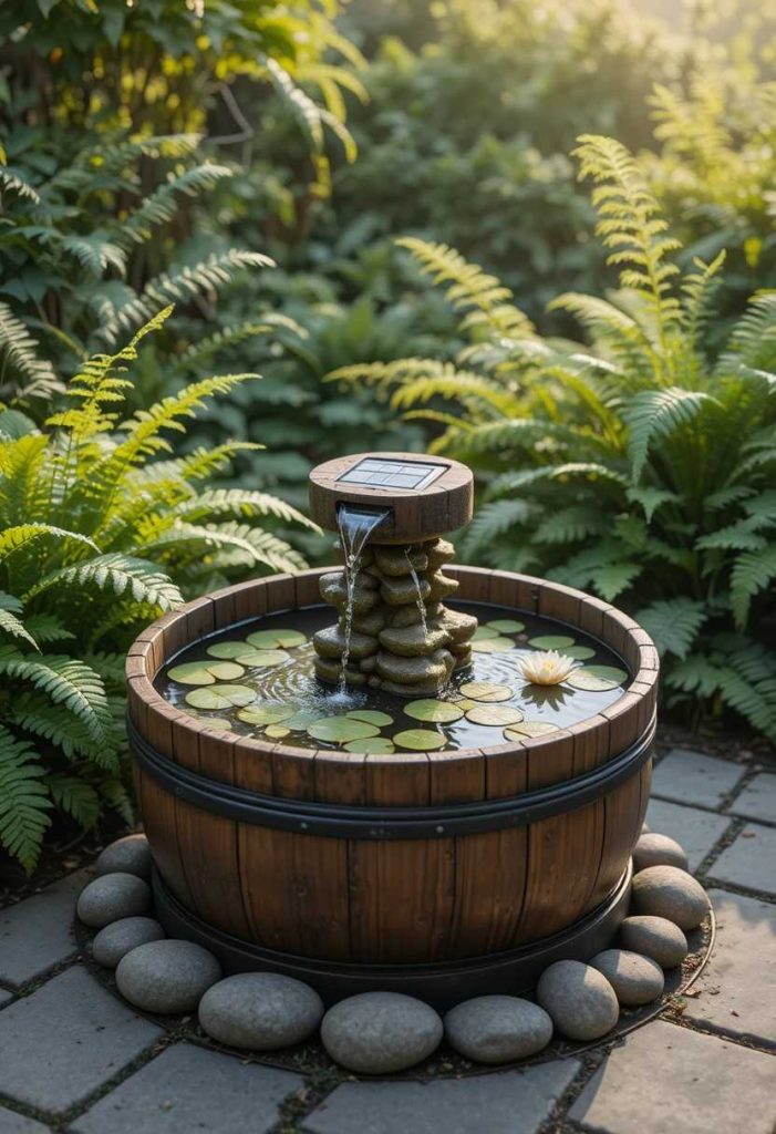 Half-barrel water feature with floating lilies and a small solar fountain surrounded by ferns and stones