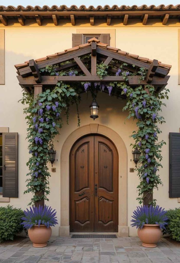 Tuscan villa entry with substantial timber pergola draped in grape vines, cream stucco walls, terracotta roof, lavender pots, and iron lantern.