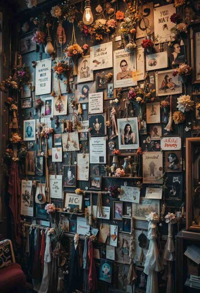 Mixed-media grunge mood board wall combining posters, dried flowers, jewelry, and ephemera