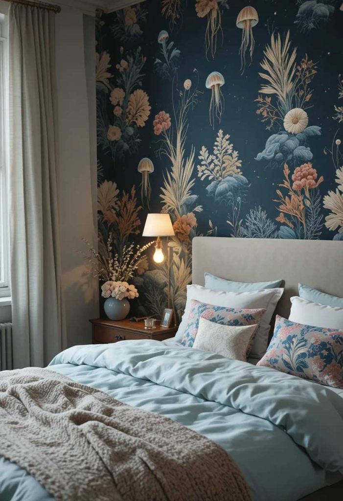Bedroom accent wall covered in deep navy wallpaper with vintage coral and jellyfish illustrations