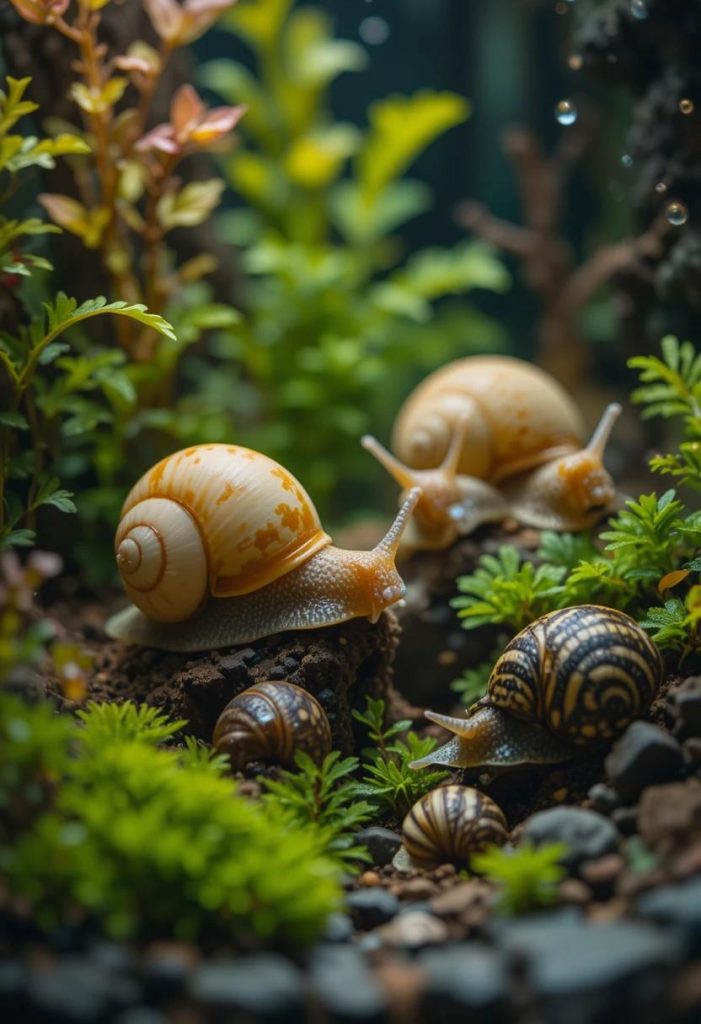 Small planted aquarium dedicated to colorful ornamental mystery and nerite snails