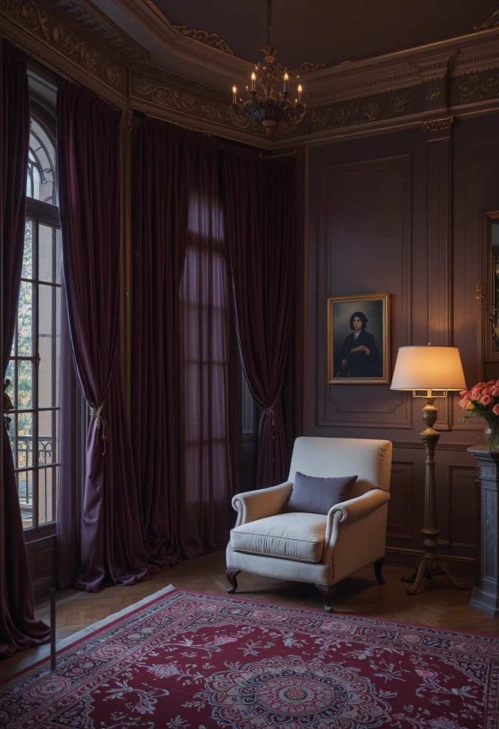 Aubergine velvet floor-to-ceiling curtains with gold hardware in a moody glamorous living room