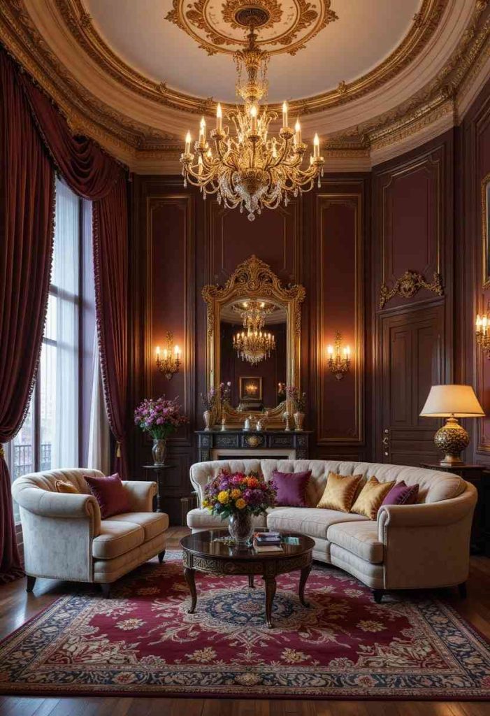 Floor-to-ceiling aubergine velvet curtains in a glamorous living room with gold chandelier and Persian rug