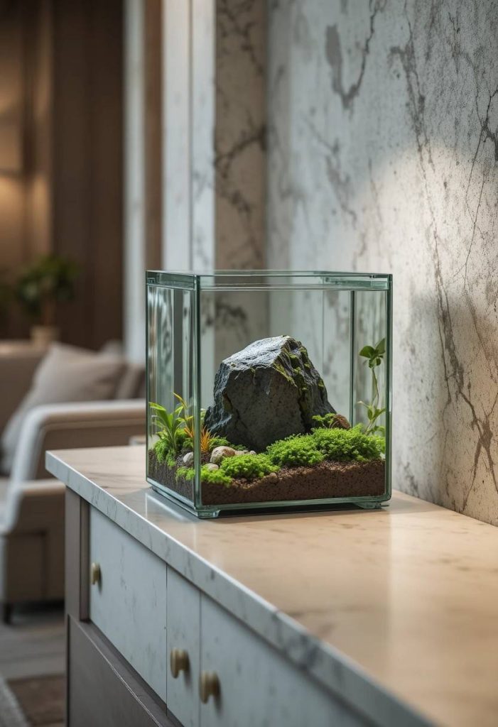 Small cube planted aquarium as a console table centerpiece with rock and moss composition