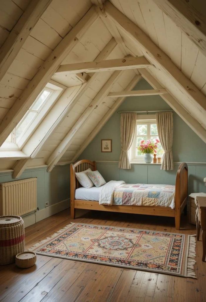 Vintage kids room in a converted attic with sloping beamed ceiling, bed under the eaves, patchwork quilt and dormer reading nook