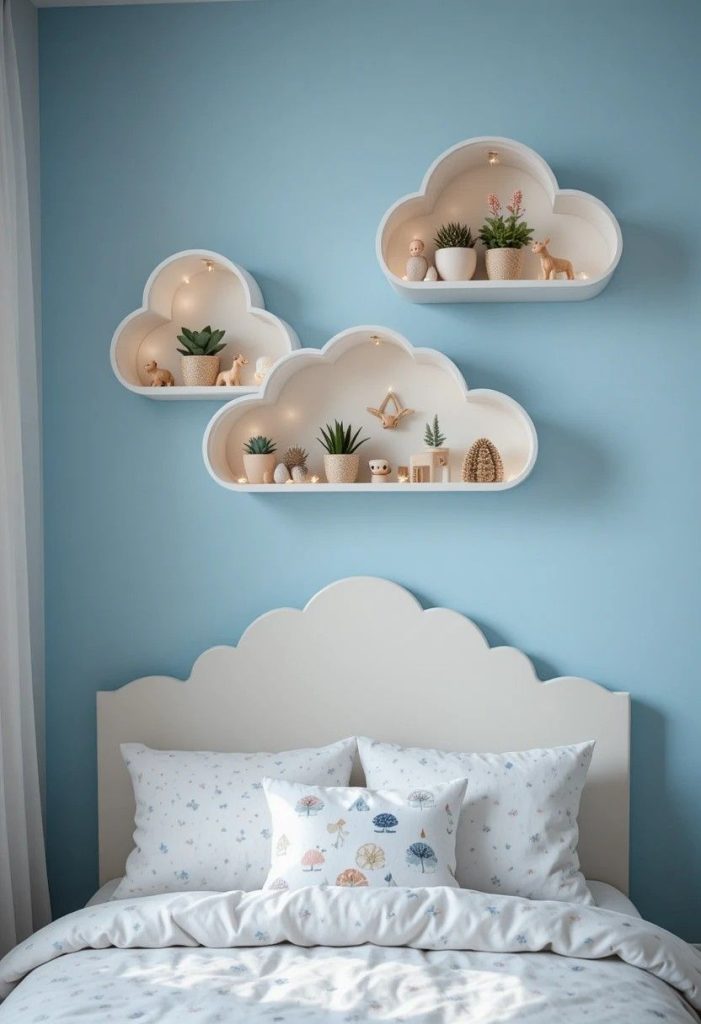 Three white cloud-shaped floating shelves at varying heights with plants and figurines on sky blue wall above kids bed