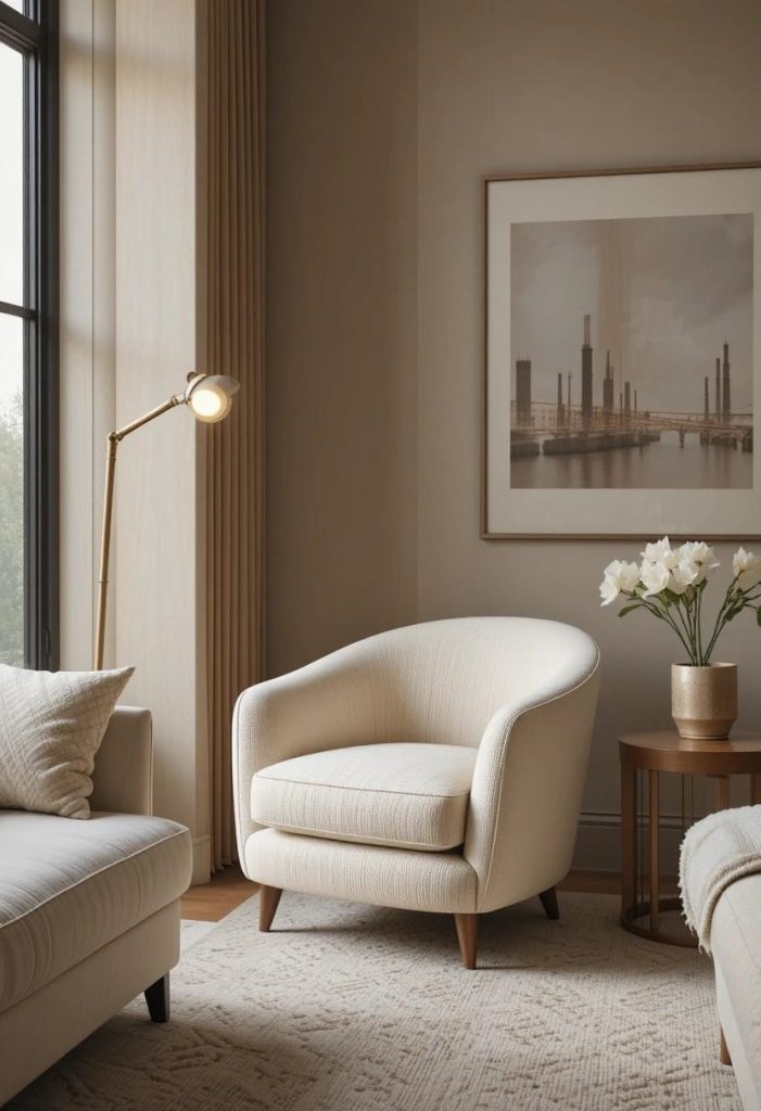 Curved cream boucle accent chair as a statement piece beside neutral sofa in small living room.