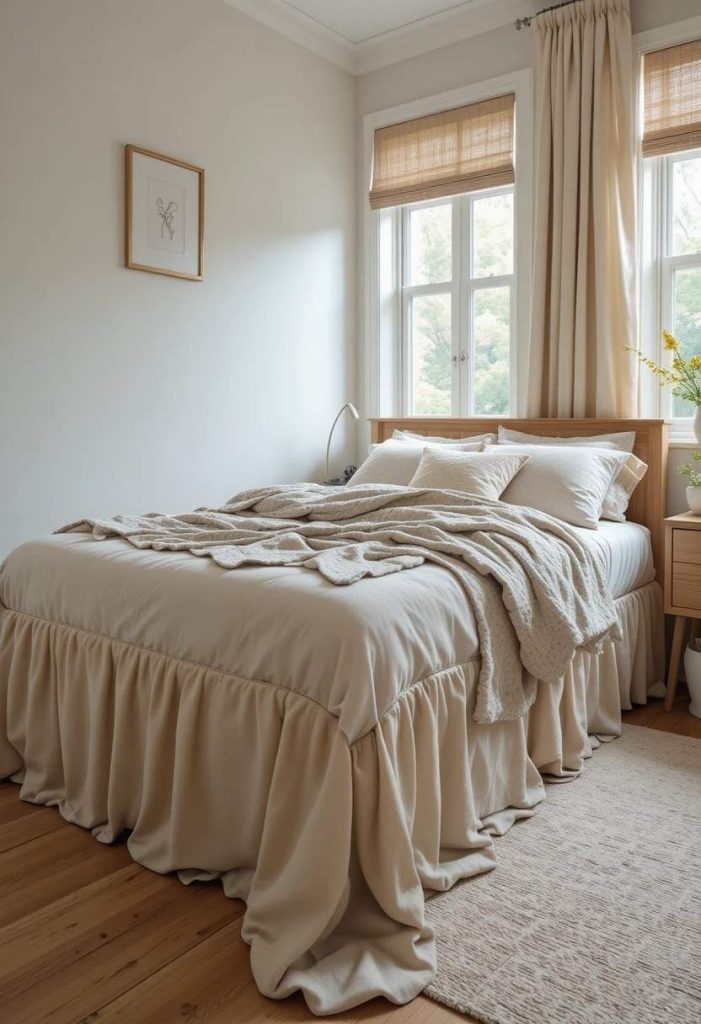 Cream linen bedskirt hiding under-bed storage in cozy small college bedroom