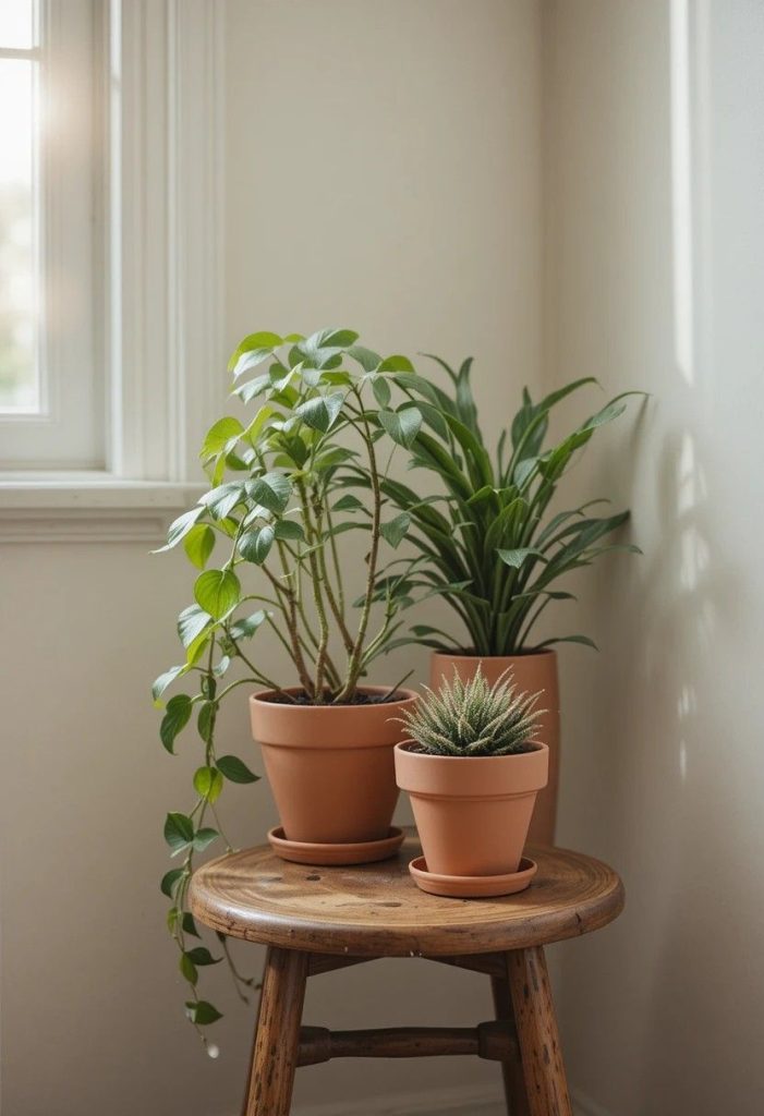 Small plant corner with terracotta pots in aesthetic budget college bedroom