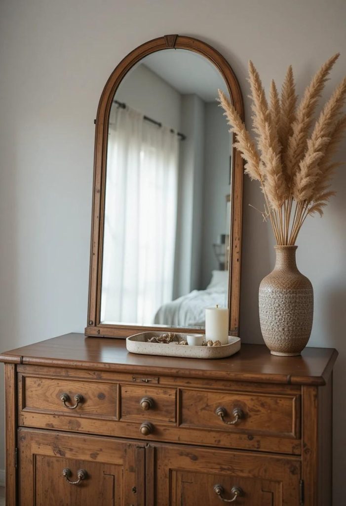 Styled vintage wood dresser as styling surface in college apartment bedroom