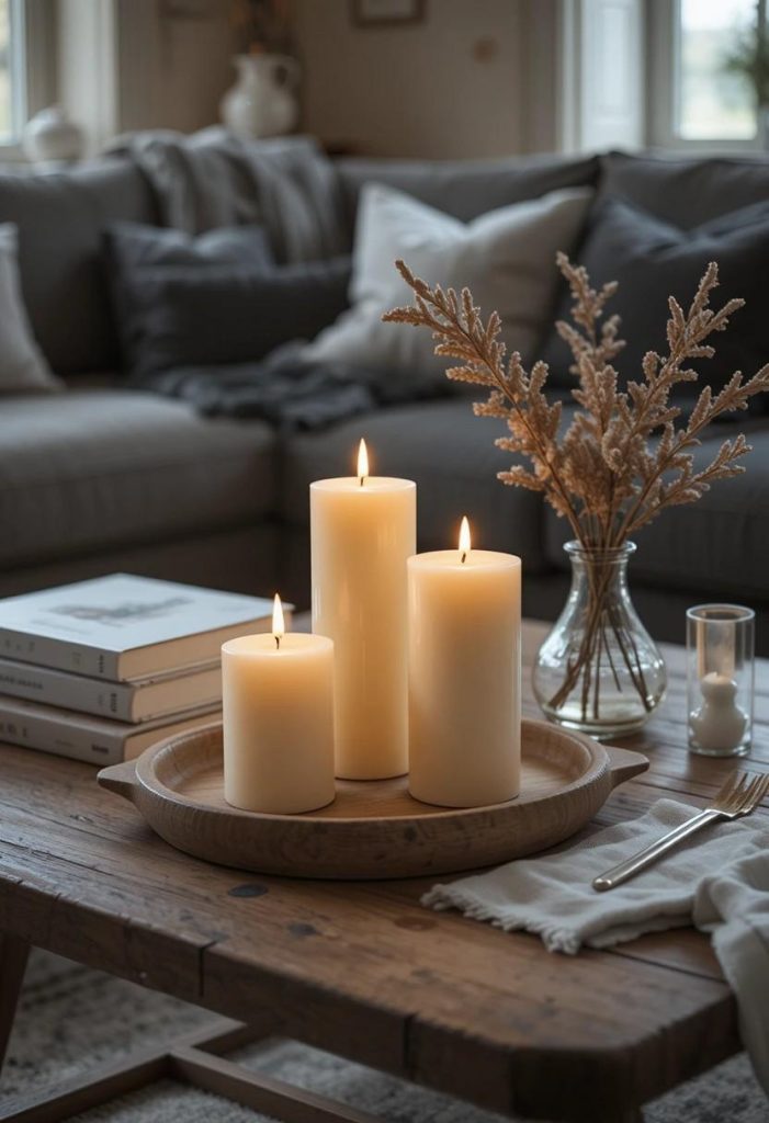 Cluster of lit cream pillar candles on a wooden tray styled on a Scandinavian coffee table.