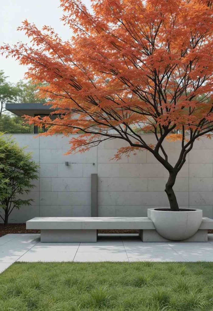 Long concrete bench and planter under a Japanese maple tree in a minimalist front yard