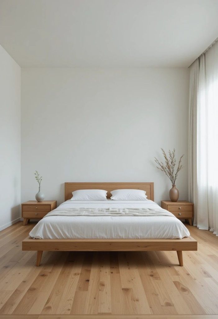 Serene Japandi bedroom with intentional negative space, a low oak bed, and a large blank white wall.