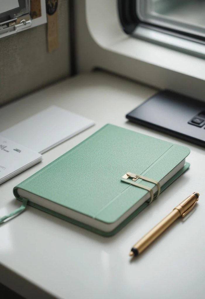 Sage green cloth covered A5 notebook with elastic closure and ribbon bookmark lying open on a cubicle desk beside a pen