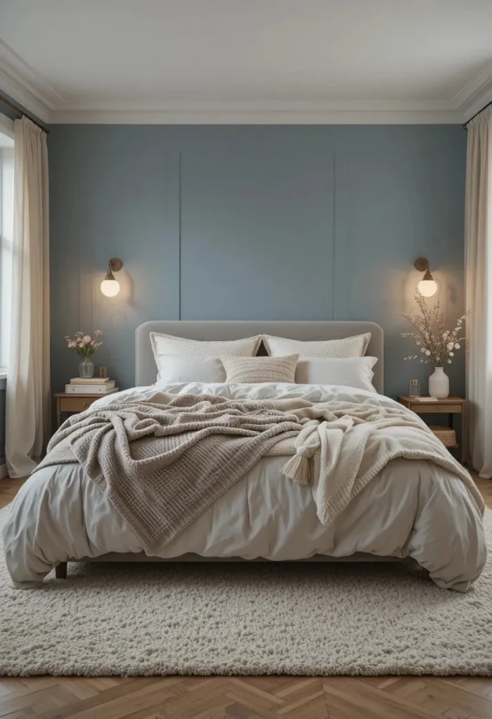 dusty blue bedroom with layered cozy textures and soft lighting