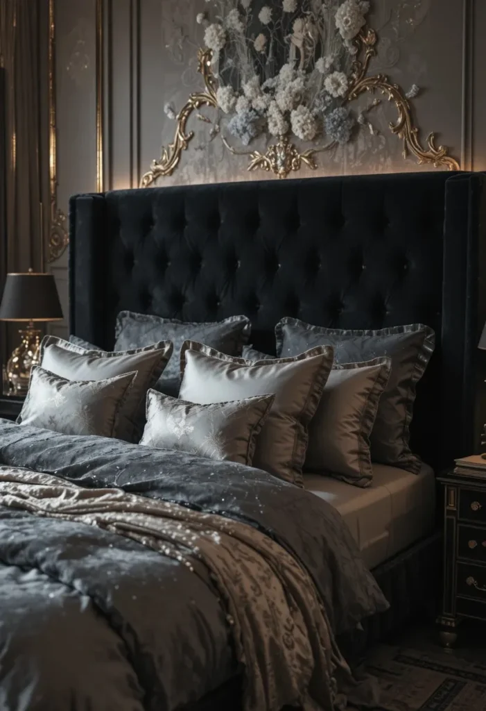 Black velvet bed with silver pillows and soft glow