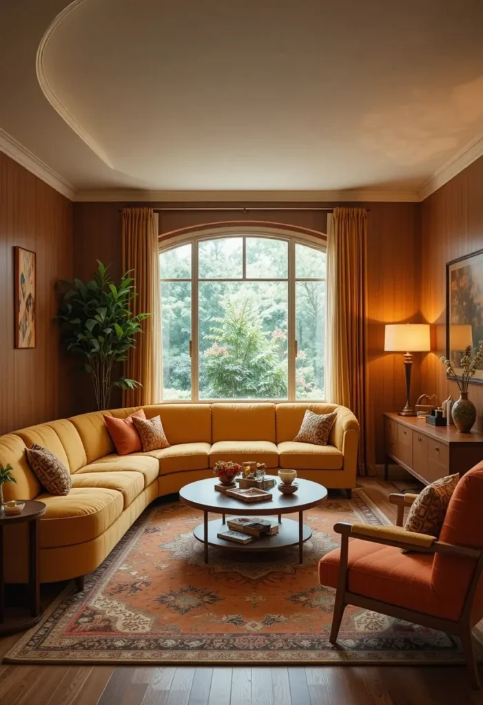 Retro sunken living room with bold mid-century inspired decor.