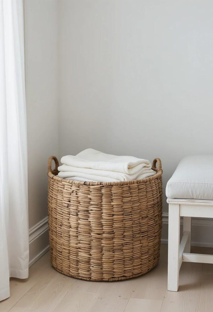 Large woven water hyacinth basket holding a cream linen blanket beside a whitewashed bench in a coastal bedroom.