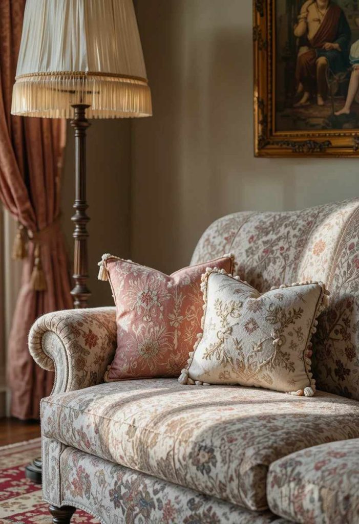 Vintage floor lamp with cream fringed shade and velvet tasseled pillows on a curved boucle sofa in a whimsical room.